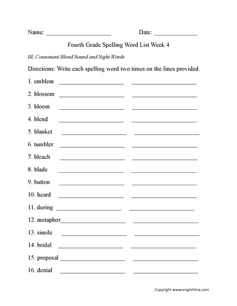Spelling Worksheets | Fourth Grade Spelling Words Worksheets