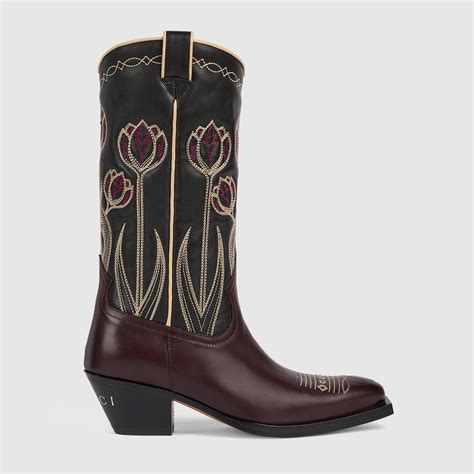 Women's boot with embroidery in black leather | GUCCI® UK
