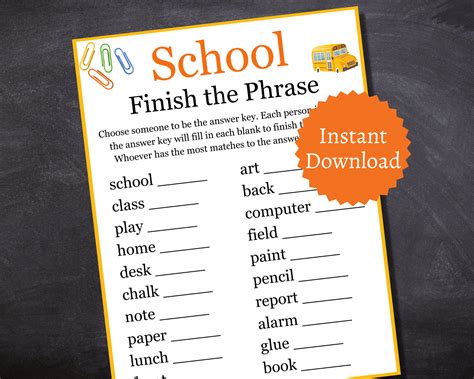 School Finish the Phrase Game, Printable Back to School Activity ...