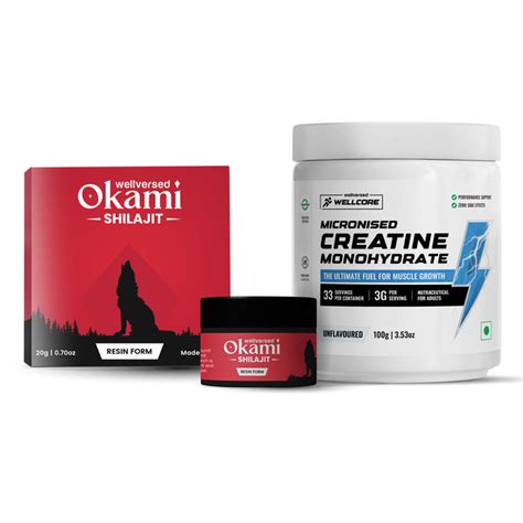 Wellcore Creatine (33 Servings, Unflavoured) & Okami Shilajit Resin ...