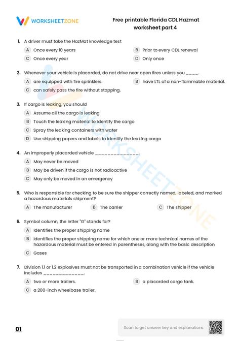 Free printable Florida CDL Hazmat worksheet part 10 | Worksheet Zone