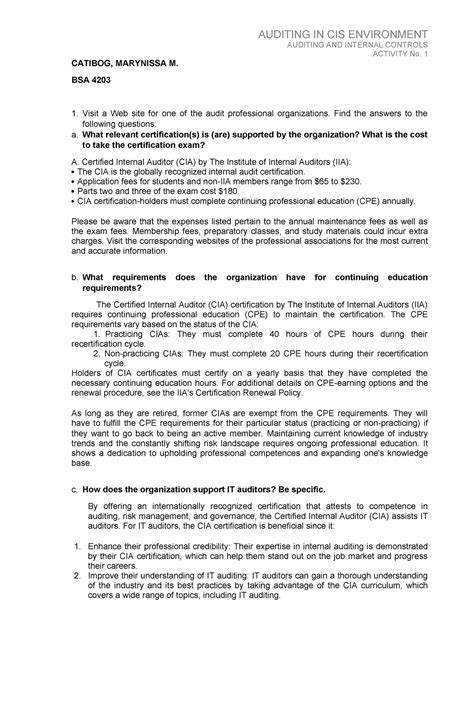 Activity 1 Auditing and Internal Controls - AUDITING AND INTERNAL ...