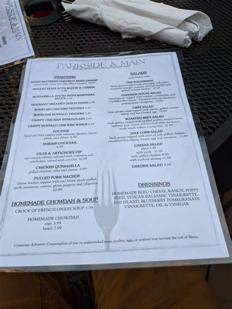 Menu at Parkside & Main restaurant, Rangeley