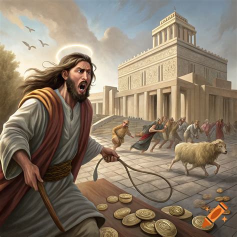 Jesus driving out the money changers from the Jerusalem temple during ...