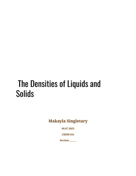 Lab report, Densities of metals and solids - The Densities of Liquids ...