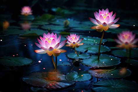 Beautiful lotus flower blooming in the pond at night, glowing lotus ...