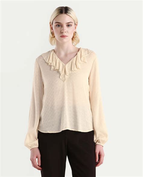 Rareism Women's Roniz Beige Cotton V-Neck Textured Bishop Sleeve Regul
