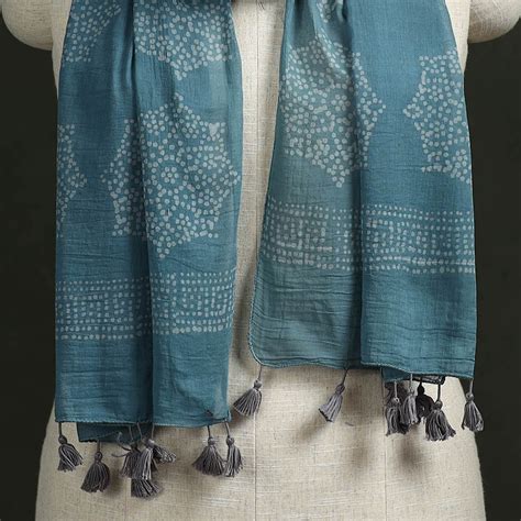 Blue Pure Mul Cotton Kutch Hand Block Batik Print Stole with Tassels
