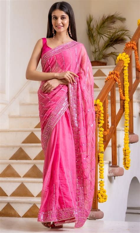 Pink Mirror Work Saree – House Of Jamoti