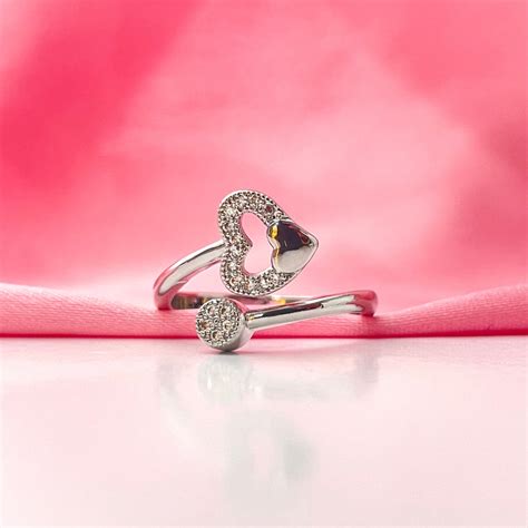 Adjustable Silver Heart Stone Studded Friendship Copper Ring – Glossy Lust