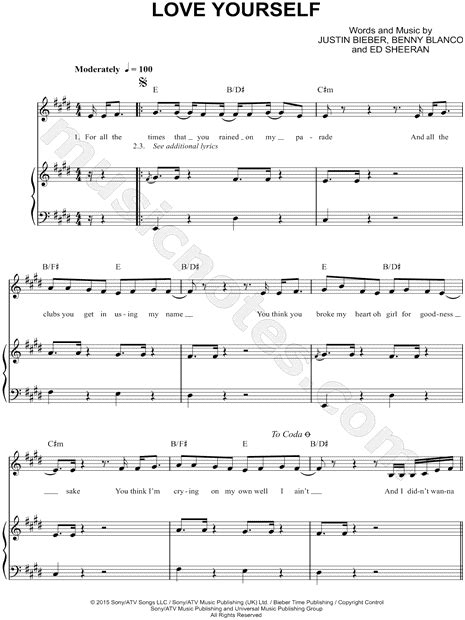 Justin Bieber "Love Yourself" Sheet Music in E Major (transposable ...