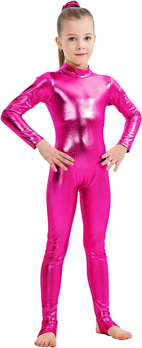 Buy Girls Shiny Metallic Long Sleeve Unitard Spandex One Piece Wet Look ...