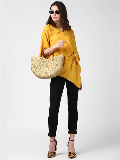 Women's Yellow Side Drape Top with Brooch – Stylestone