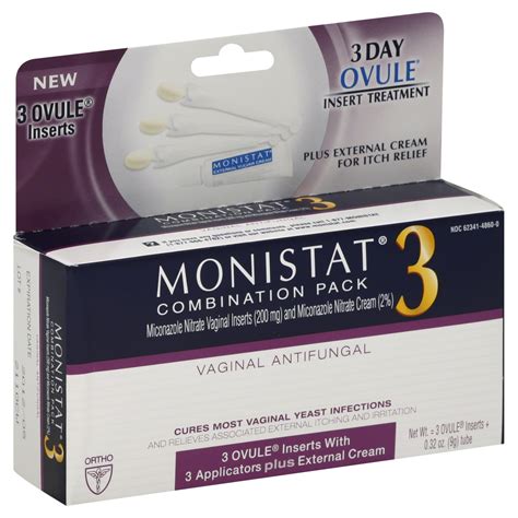 Monistat 3 Combination Pack Vaginal Antifungal, 3 Day Treatment, 3 ...