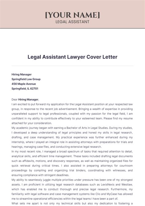 Free Legal Assistant Lawyer Cover Letter Template to Edit Online