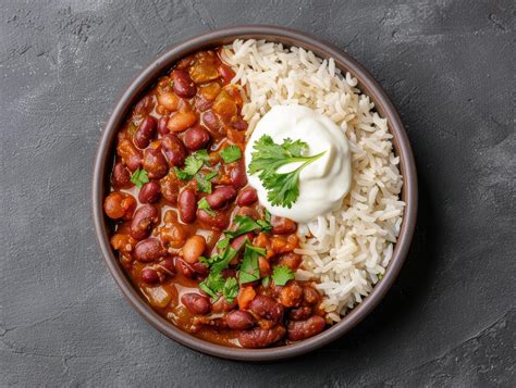 Hearty chili and rice dish with sour cream 52995906 Stock Photo at Vecteezy