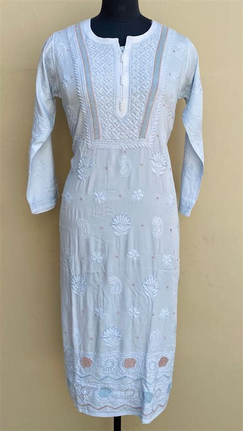 Lucknowi Chikankari Kurti Powder Blue Muslin Cotton With Cutdana,Pearl ...