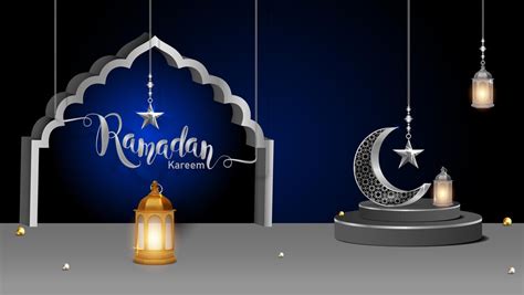 3d modern islamic holiday banner display podium with ramadan lantern ...