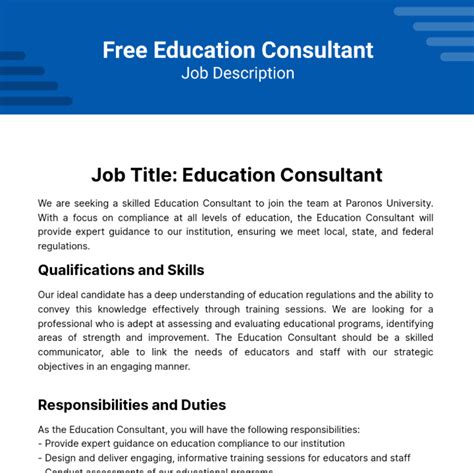 Free Education Consultant Job Description Template to Edit Online