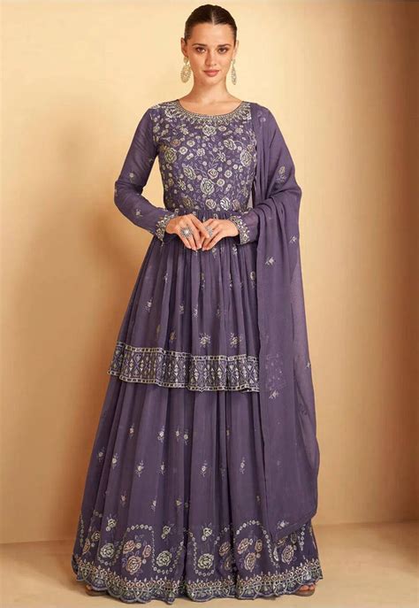 Purple Embroidered Georgette Anarkali Lehenga Suit - Clothsv