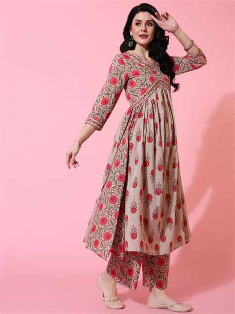 Cotton Calf Length Semi Flared 3/4 Sleeves Printed V-Neck Kurta Bottom ...