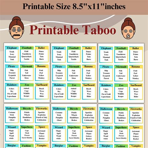 Printable Taboo Game, Taboo Game, Forbidden Words, Instant Download ...