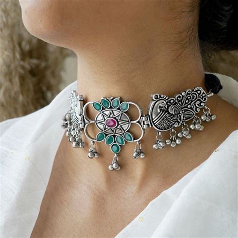 Buy Teejh Parul Green and Pink Peacock Choker Necklace for Women Online