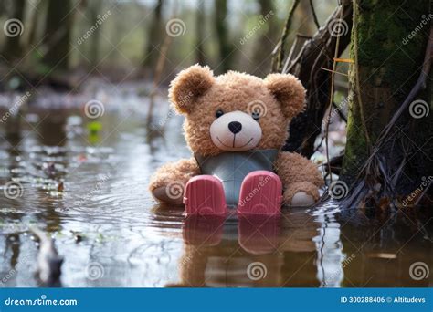 Teddy Bear Sitting Inside a Pair of Childrens Rubber Boots in a Puddle ...