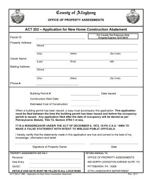 ACT 202 New Home Construction Abatement Application - Blank Fillable ...
