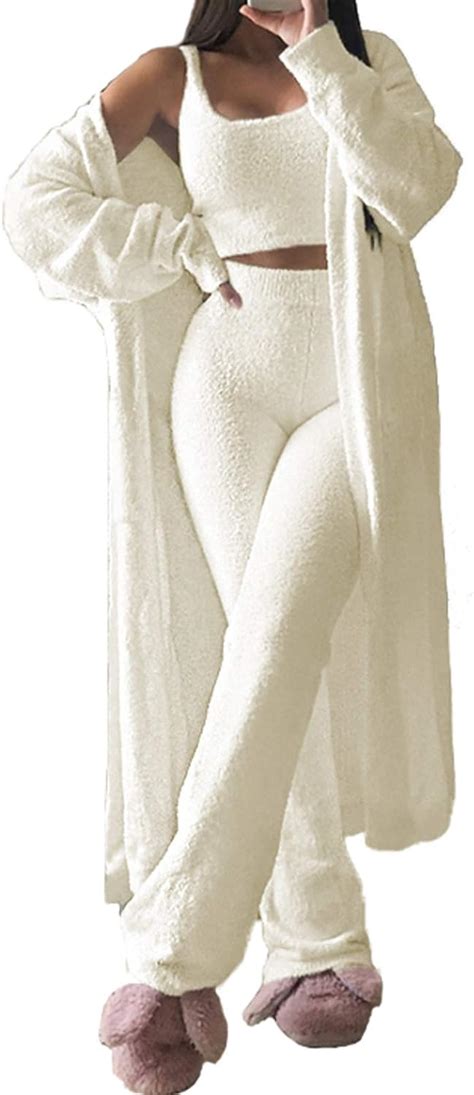 Buy Women's Fuzzy 3 Piece Sweatsuit Open Front Cardigan Crop Tank Tops ...