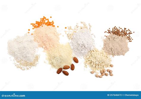 Different Types of Flours on White Background, Top View Stock Photo ...