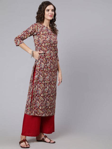 Women Maroon Printed straight kurta with three quarter sleeves – Nayo ...