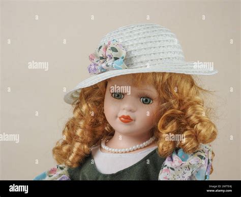 Vintage porcelain doll green-eyed red-haired girl with curls, pearl ...