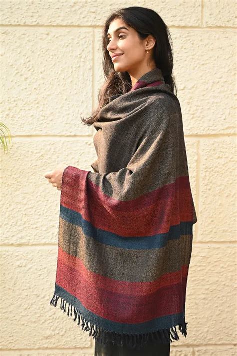 The ICH Fine, Soft Himachal Wool Self Striped Stole - Woody Mist ...