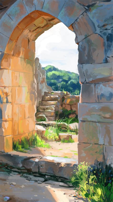 Download wallpaper 1080x1920 arch, ruins, building, paint, art samsung ...