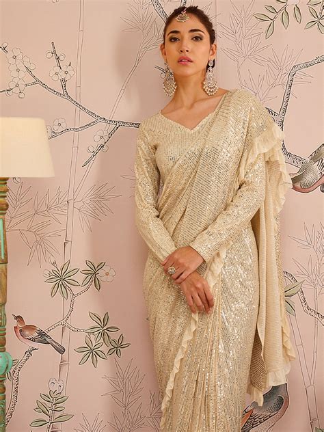Buy Gold Sequins RTW Draped Saree With Unstitched Blouse Online At Best ...