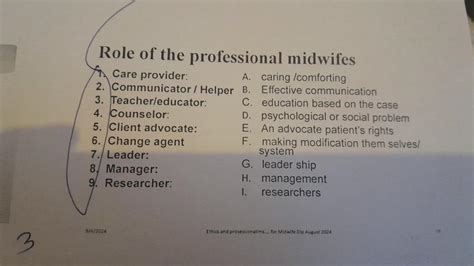 Role of the professional midwifes 1. Care provider A. Caring ...