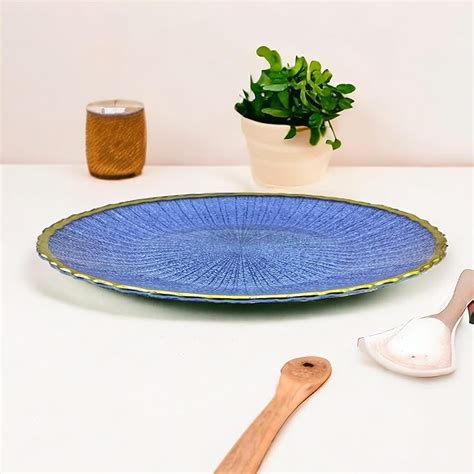 Buy Round Coloured Glass Platter with Gold Line | Mirana Decoor
