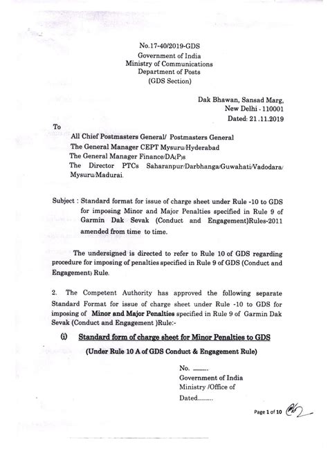 Standard format for issue of charge sheet under Rule -10 to GDS for ...