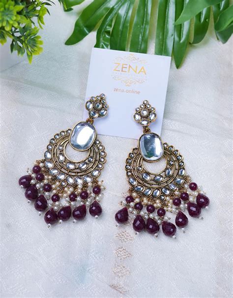 Elegant Gold-Plated Kundan Earrings with Ruby Beads and Pearl Drops💫 – Zena