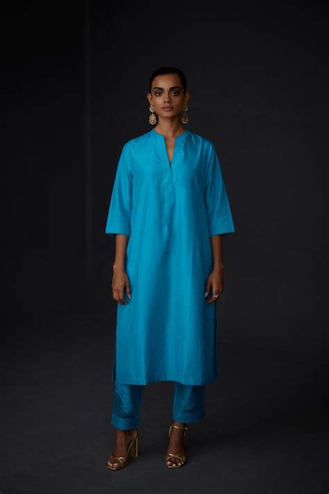 Buy - Reflect turquoise embroidered tunic with trouser-4 | Elan Store