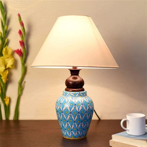 Blue Pottery White Leave and Yellow dot Ceramic Matka Decorative Lamp ...