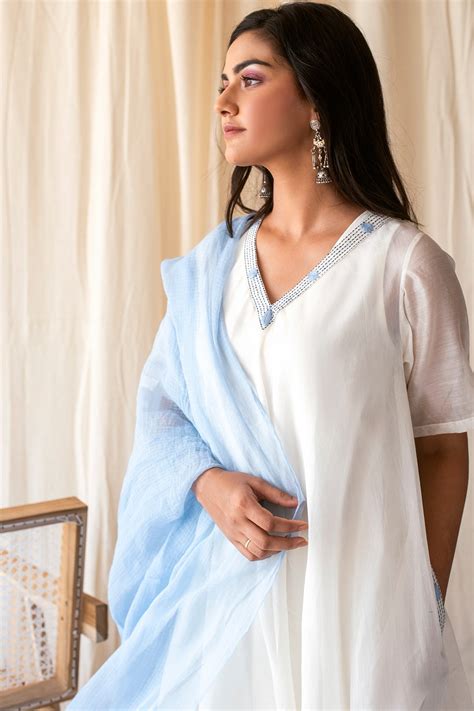 Buy V-Neck White Flared Kurta Set for Women by Taro India