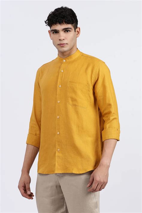 Men’s Mustard Yellow Mandarin Collar Linen Shirt – Full Sleeve | Linen