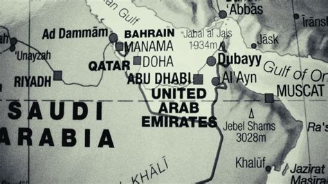A close-up, monochrome map of the Arabian Peninsula, showing countries ...