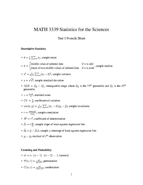 Test 1 formulas - MATH 3339 Statistics for the Sciences Test 1 Fomula ...