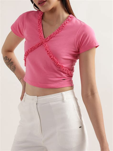 Shop Elle Women Peach Solid V Neck TShirt Online – Iconic India