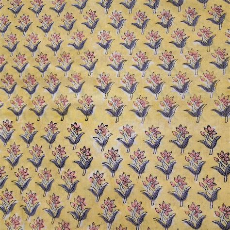 Pure Cotton Pastel Yellow With Pink Grey Flower Motifs Hand Block Prin ...