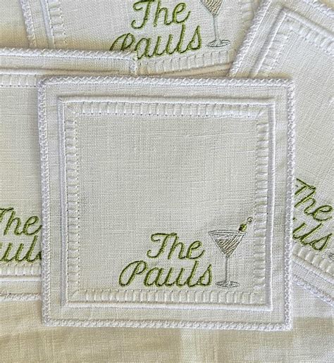 Embroidered Monogrammed Martini Linen Cocktail Napkin- Personalized ...