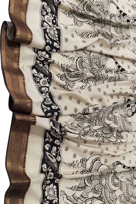 Stunning Black & White Kalamkari Hand Painted Silk Dupatta